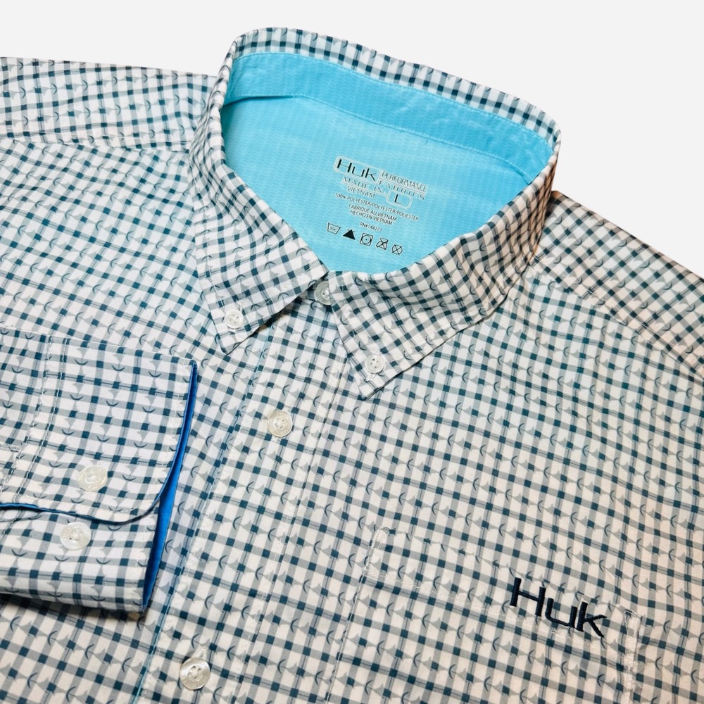 Huk Performance Fishing Shirt Mens Large Gingham Plaid Marlin Anchor Long Sleeve